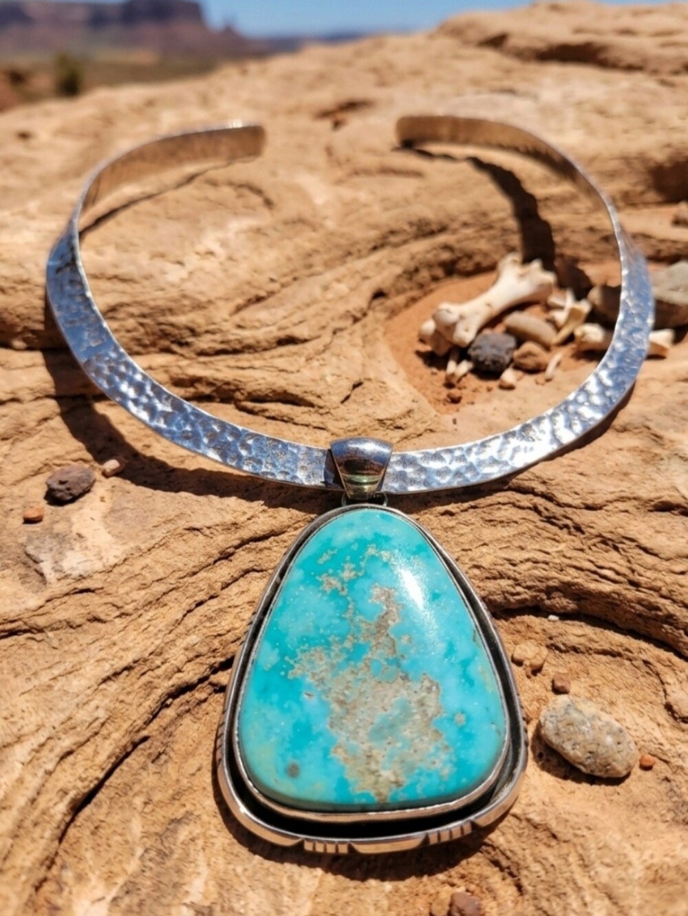 Sterling Silver Navajo SIGNED Huge Turquoise Necklace - Picture 1 of 17